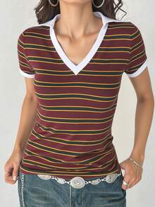 Playera blusa polo dama mujer rayas escote V preppy - Granate - Ver 1