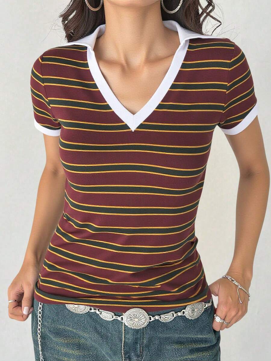 Playera blusa polo dama mujer rayas escote V preppy - Granate - Ver 1