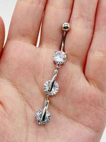 1 Pc Fashionable Silver Stainless Steel Pendant With Round Zirconia Navel Stud For Women Daily Wear
