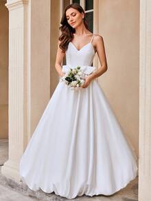 Elasola 优雅浪漫细肩带泡泡下摆舞会礼服婚纱带蝴蝶结适合新娘户外海滩婚礼派对，新娘 - 白色 - 查看 1