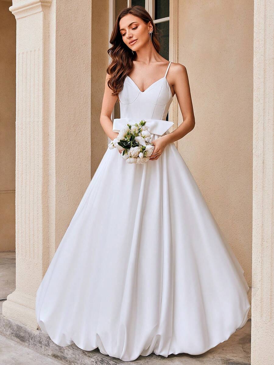 Elasola 优雅浪漫细肩带泡泡下摆舞会礼服婚纱带蝴蝶结适合新娘户外海滩婚礼派对，新娘 - 白色 - 查看 1