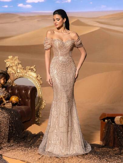 Faeriesty Elegante vestido de noche de sirena con hombros descubiertos y lentejuelas, con cola hasta el piso - Silueta ajustada de trompeta, bordado intrincado de cuentas en todo el vestido para eventos de alfombra roja, bodas de lujo y galas formales