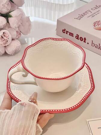 1 Set Embossed Wheat Pattern Ceramic Cup & Saucer, Vintage Baroque Nordic Wheat Design Coffee Cup & Saucer Set, French Afternoon Tea Dessert Cup & Saucer Set, Suitable For Restaurant, Living Room, Cafe