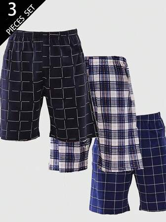 3件套男士格子条纹印花休闲睡裤家居服短裤套装