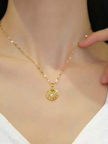 1pc Stainless Steel Micro-Inlaid Zirconia Hollow Shell & Pearl Necklace - Yellow Gold - View 2