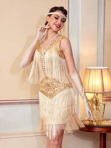 1920s Sleeveless Fringe Dress, Round Neck, Flapper Style, Sequin Fringe, Roaring Twenties Cocktail Party Dress Wedding - Apricot - View 6