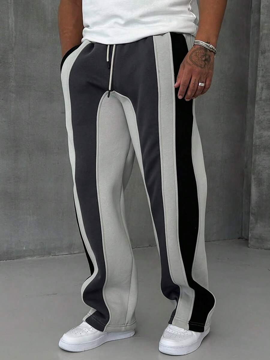 Men's Casual Color Block Patchwork Long Pants, Fashionable For Summer, Fall - Light Grey - View 1