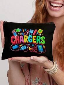 This Multi-Color Convenient Digital Storage Bag Is Printed With The Fun Letter "Charge" And Cartoon Charger, Socket, And Cable Patterns. Made Of Polyester Fabric, It Is Soft And Foldable, With A Zipper To Prevent Items From Falling Out. It Can Also Be Used To Store Data Cables. - Multicolor - View 15