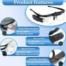 Headband Magnifying Glass, Rechargeable Head Magnifier Glasses With 2 LED Lights,Detachable Lenses (1.5X-2X-2.5X) Led Professional Jeweler Loupe Light USB Rechargeable Hands Free Headband Magnifying Glass For Reading Watch & Electronic Repair Sewing - Black - View 2