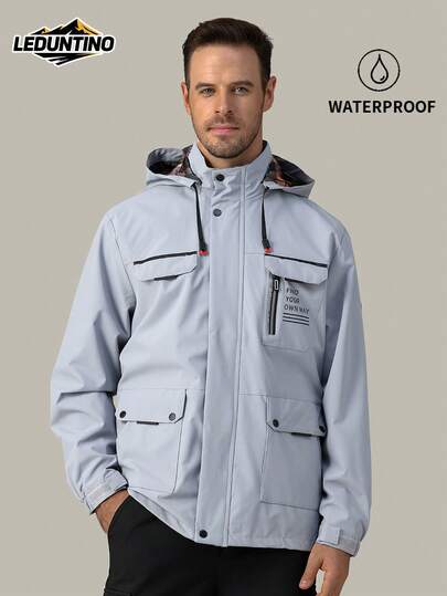 LEDUNTINO [Spring/Summer] Men's Fashion Zip-Up Casual Outdoor Jacket, Sports, Solid Color (Burgundy, Green, Grey), Slogan, Gift For Boyfriend, Men's Thin Tops For Spring/Autumn, Detachable Hood, Windproof, Windbreaker, Multi-Pocket, Letter Print Jacket Coat For Men In Fall/Winter