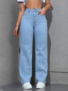 IDYLLIC Jeans de Pierna Ancha con Cintura Alta y Cordón para Mujer - Denim Elástico Suave, Ajuste Cómodo Azul Claro con Cinturilla Ajustable, Bolsillos Diagonales, Estilo Versátil Todo-Tiempo, Jeans Todoterreno | Jeans de Tiro Alto | Mezcla de Denim Suave - azul real - Ver 2