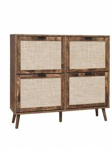 Shoe Cabinet With Four Doors (105 X 24 X 91 Cm), Retro Brown Shoe Cabinet With Four Doors, Rattan Look, Double Shelf, With Back Panel, Suitable For Hallways And Similar Areas