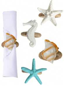 4pcs Resin Seashell, Starfish And Seahorse Assorted Ocean Series Napkin Rings, Tabletop Decoration