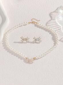 Conjunto de 3 peças de colar e brincos com laço de pérola falsa, conjunto de joias elegante e versátil, adequado para mulheres, uso diário, escola, namoro, casamento, festa, dia dos namorados, feriado