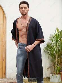 ردن كاجوال رجالي بتصميم هندسي معاصر مرقع مع حاشية شراشيب