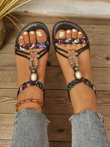 Women's Wide Flat Sandals, Fashion Bohemian Retro Retro Style Sandals, Luxury Comfortable Sandals, Versatile Sexy Sandals, Lightweight Party/Beach/Casual Sandals - Black - View 2