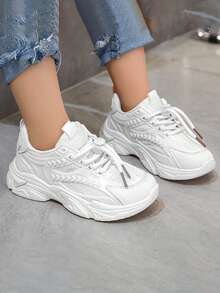 Nuevos niños antideslizante zapatillas de deporte de suela gruesa, la moda de encaje de cabeza redonda de los niños pops zapatos de suela gruesa, adecuado para los viajes diarios, deportes, parques de atracciones, la escuela - Blanco - Ver 1