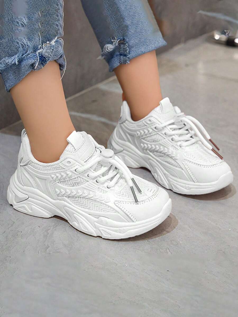 Nuevos niños antideslizante zapatillas de deporte de suela gruesa, la moda de encaje de cabeza redonda de los niños pops zapatos de suela gruesa, adecuado para los viajes diarios, deportes, parques de atracciones, la escuela - Blanco - Ver 1