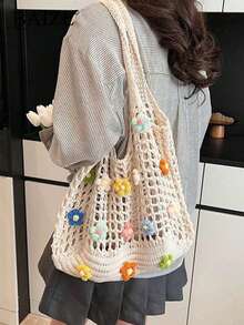 ENBEI BAIZE Autumn Lightweight Casual Hollow Beach Bag Woven Shopping Crochet Tote Bag, Large Capacity Handbag, Suitable For Travel, Outdoor And School. Can Hold Books Multifunctional Kitchen Storage Lunch Bag, Suitable For Beach Vacation Or Easy Carrying, Elegant Mother's Day Gift For Mom, Wedding Season - Beige - View 3