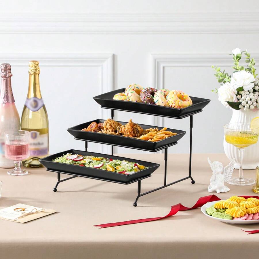 MALACASA 3 Pieces Ceramic Serving Plate Set, Black Poreclain, Serving Platters And 3-Tier Holders, Large Serving Platters And Tray Rack, Rectangular Serving Trays, 12 Inch - Black - View 1