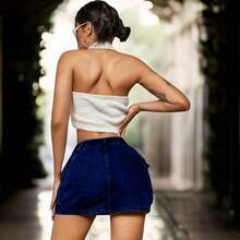Falda de cargo corta con cinta decorativa y un bolsillo de solapa para un vestido de verano sensual. - azul real - Ver 2