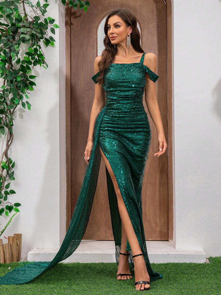 Vestido de Festa Formal Sexy com Ombros à Mostra, Fenda e Paetês para Mulheres