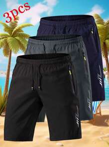 3 pares de pantalones cortos casuales deportivos sueltos y transpirables para hombre, con diseño de tira reflectante, con bolsillos y con cremallera y cordón en la cintura, adecuados para fitness, running y actividades al aire libre.