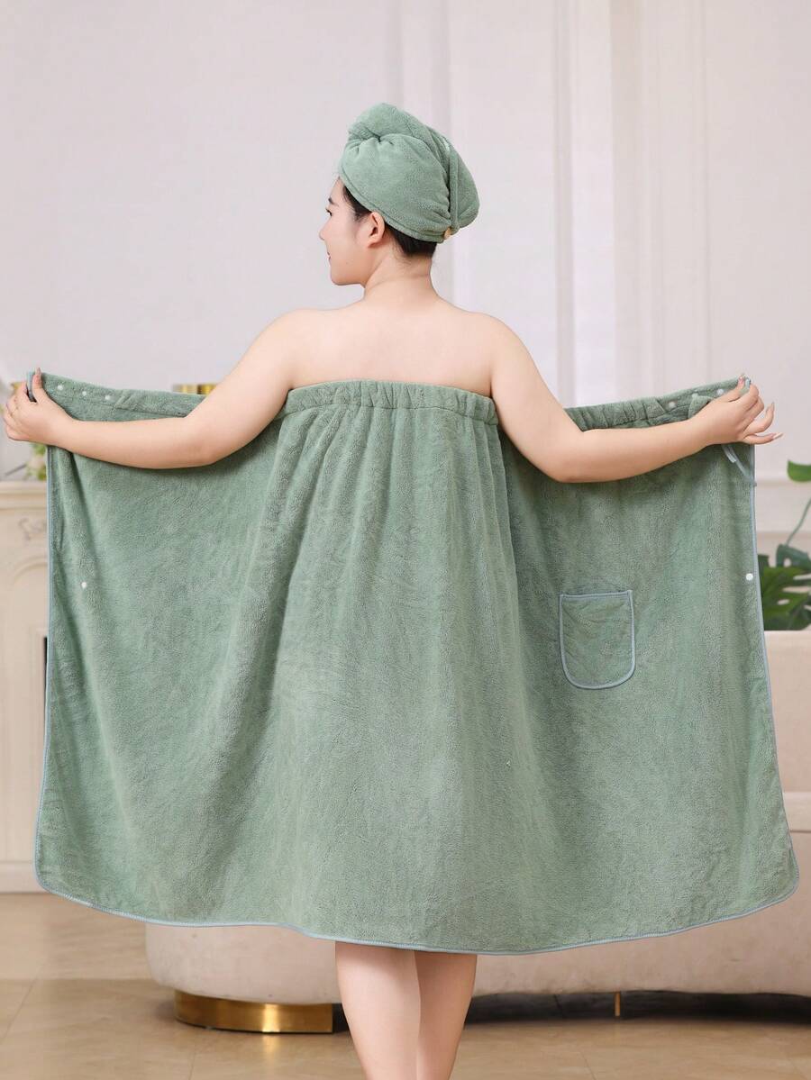 2pcs Plus Size Women Thick Bathrobe And Shower Cap Set - Set 2 potong warna hijau - View 1