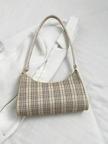 Fashionable & Versatile Minimalist Plaid Casual Shoulder Bag - Beige - View 9