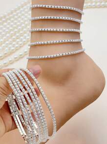 1 set/Múltiple Pulsera de tenis con banda elástica y perlas falsas, color dorado 3MM