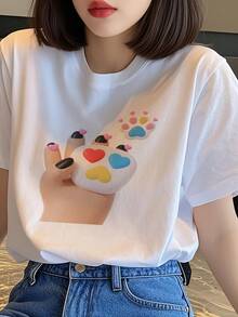 1-Piece 200gsm Pure Cotton Casual T-Shirt With Cute Animal Print And Colorful Heart Design, Perfect For All Seasons, Commuting, And Everyday Wear, 2025 Edition, Perfect For Valentine's Day
