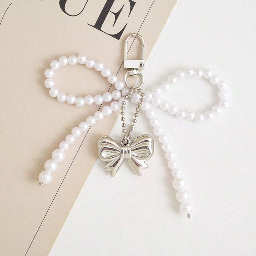 1 件女式可爱仿珍珠蝴蝶结吊坠钥匙扣手机链耳机壳装饰配件送给朋友的好礼物手机壳和钥匙扣 Y2K 哥特蝴蝶结 - 白色 - 查看 1