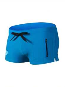 大码男士性感泳裤，带前口袋拉链，沙滩短裤，泳装 - 寶藍色 - 查看 5