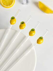 1/2/4 pièces Pailles en verre réutilisables transparentes incurvées avec tranches de citron jaune de dessin animé, brosse de nettoyage et embout de paille pour thé au lait, soda, eau pétillante, smoothies, maison, café, fête d'été, Pâques, fête des pères, cadeau pour amis et amoureux - Style 3 - Voir 7