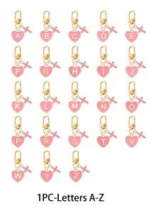 Pink Heart-Shaped Letter Pendant Keychain, A-Z Letter Bag Charm, Delicate & Compact, With Cross Accessory, Jesus, Religious, Alloy Fashion Charm Keyring, Personalized Letter Keychain, Suitable For Backpack, Wallet, Earphone Case, Ideal For Vacation, Travel, Date, Study, Work, Church, Prayer, Beach And Couples, Perfect Gift For Friends, Family And Couples, Also A Fashionable Mother's Day Gift, Bag Charm - Pink - View 3