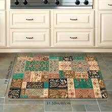 1 pieza Alfombra para cocina de estilo retro con patrón de flores patchwork, alfombra suave antideslizante lavable, absorbente y resistente al aceite para uso diario y áreas grandes del hogar