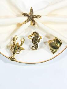 4pcs/Set Vintage Gold Seashell, Starfish, Seahorse & Lobster Sea Life Series Napkin Rings, Table Decor