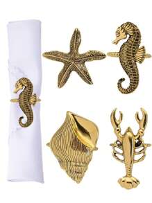 4pcs/Set Vintage Gold Seashell, Starfish, Seahorse & Lobster Sea Life Series Napkin Rings, Table Decor