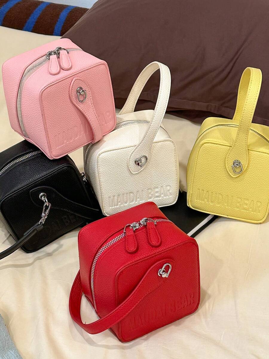 1 Pc New Style Girls' Solid Color Pu Material Cube, Shaped Mini Handbag With Zipper Closure, Interchangeable Shoulder Strap For Crossbody Or Hand Carry, Fashionable For Outings, Shopping, Parties, And Gift For Friends - A - View 1