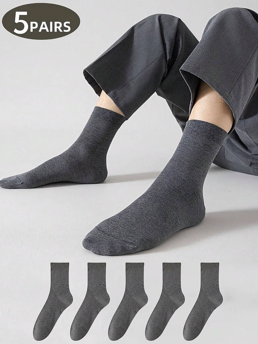 1 Pair/5 Pairs Men's Summer Solid Color Business Casual Sports Versatile Retro Classic Mid-Calf Socks, Fall - Dark Grey - View 1