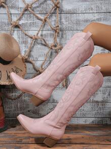 2025 Spring/Autumn New Women Plus Size Embroidered Western Style Leather Knee-High Boots, Outdoor Fashion