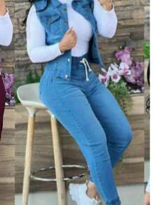 Conjunto deportivo casual de mujer en color verde militar con jogger ajustado y chaleco tipo mezclilla sin mangas – Estilo urbano cómodo y moderno para primavera-verano – Ideal para outfits diarios, viajes, salidas o looks relajados – Disponible en varios colores – Moda femenina con estilo atlético y versátil - Celeste - Ver 2