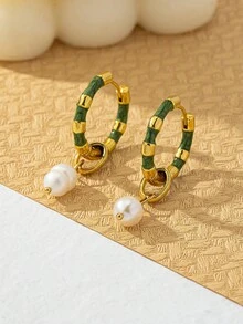 1 Cặp bông tai mặt dây chuyền ngọc trai nước ngọt Baroque tự nhiên, bông tai thắt nút tre tráng men, thiết kế tiệc/lễ hội độc đáo dành cho phụ nữ - màu xanh lá - Xem 4