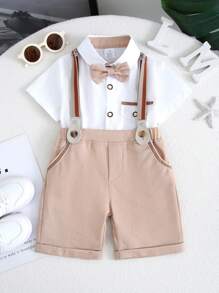 2pcs/Set Baby Boys Gentleman Outfit Bow Tie Shirt & Suspender Shorts, For Party, Birthday, Mother's Day