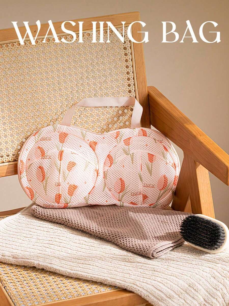 1pc Tulip Pattern Bra Laundry Bag, Thick Anti-Deformation Lingerie Wash Bag For Washing Machine, Delicate Underwear Protection Mesh Organizer, Travel Portable Garment Care Storage Net, Home Laundry Essential Accessory For Intimate Apparel - Multicolor - View 1