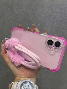 混合材质透明防撞保护壳，配粉色腕带，兼容 17 Pro Max、17 Pro、17 Air、14、15、16、17 Pro Max、11、12、13、14、16E，防震气囊透明保护套 - 玫紅色+短繩 - 查看 3