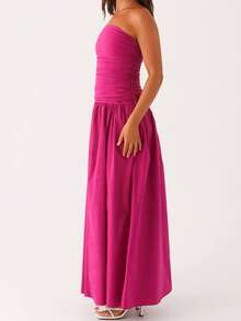 Women Tube Top Maxi Dress Elegant Sleeveless Strapless Ruched Flowy Dress Summer Long Wedding Party Cocktail Dresses - Hot Pink - View 4