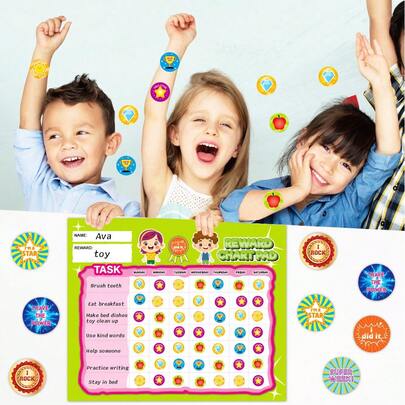 Tabella dei premi per il comportamento dei bambini con adesivi a cartoni animati - Tracciatore magnetico e strappabile per l'autodisciplina per bambini e bambini piccoli | Set di adesivi di lode in inglese per buone abitudini e faccende (strumento di motivazione divertente per i genitori)