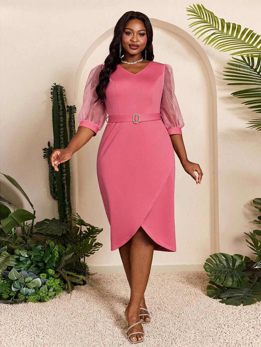 Mgiacy-淑女，新品，V领，甜美，大码传统非洲连衣裙，灯笼袖，透视，腰带，金属扣，紧身连衣裙