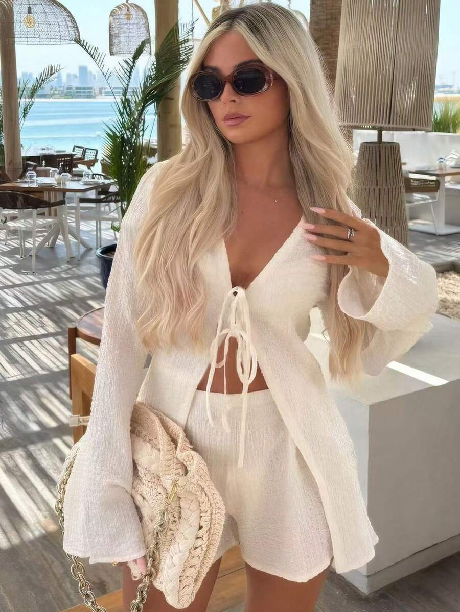 2Pcs Set Casual Solid Color Bohemian Knotted Long Sleeve Top And Shorts Set, Suitable For Beach, Date Night, Office, Streetwear, Summer - Apricot - View 1